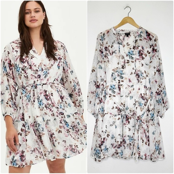 Torrid Ivory Floral Chiffon Clip Dot Skater Dress Size 2X - Picture 1 of 7